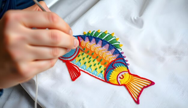 Hands embroidering colorful motifs