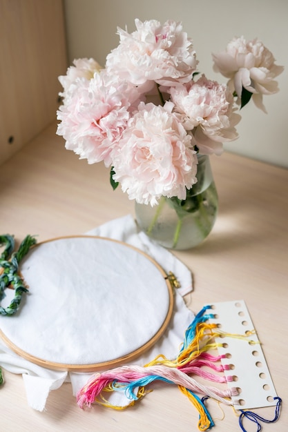 A hoop with embroidered floral pattern